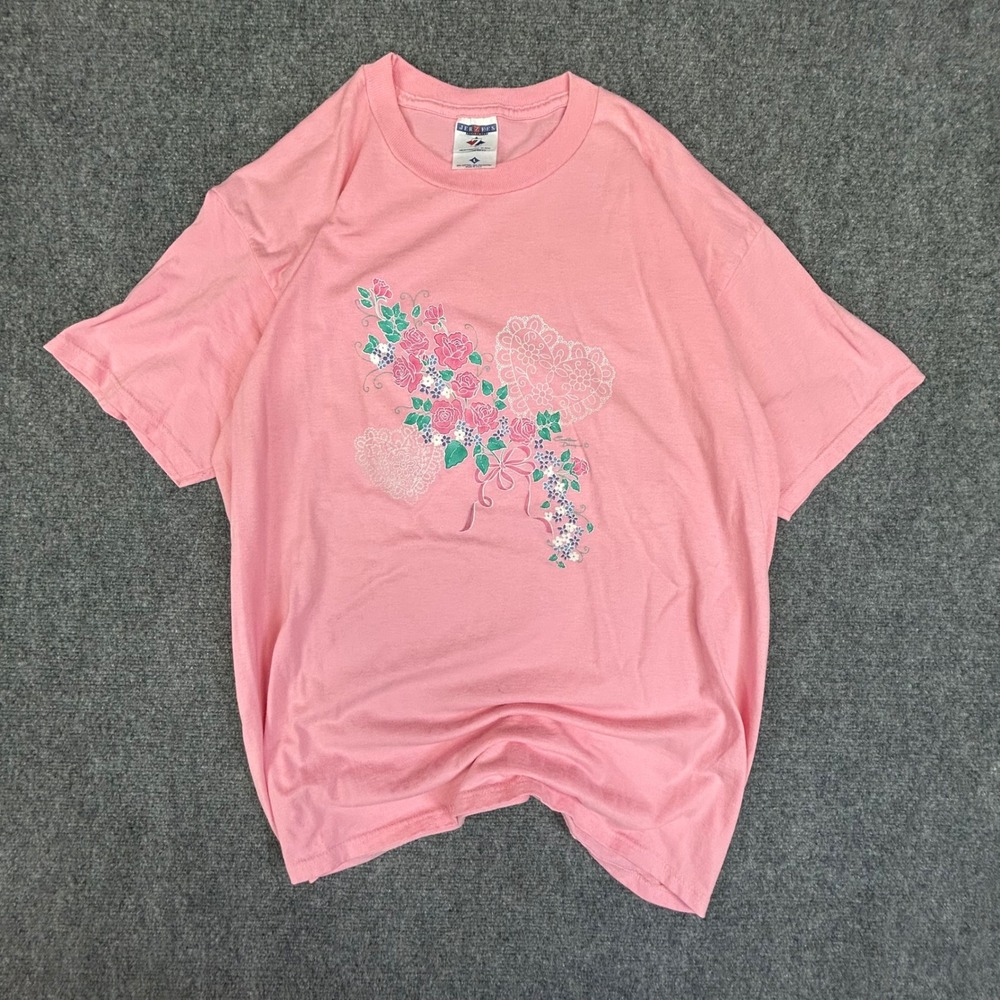 Vintage Jerzees Pink Floral Lace Heart Graphic T-Shirt Made in USA Large 90s Tee